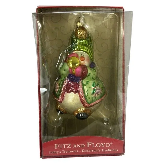 Vintage Fitz And Floyd Large 7 Inch Glass Christmas Ornament Snowman Horn Rck - Picture 2 of 11